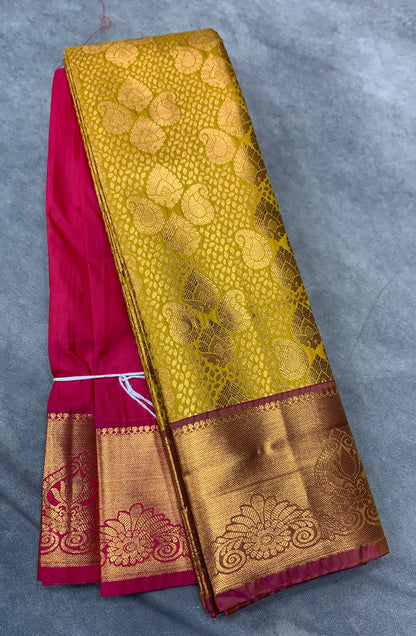 Vegan Silk Saree Lime Green Colour with Copper and Pink Border