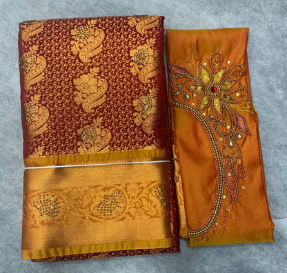 Bridal Vegan Silk Saree Maroon shade with Golden Yellow Border with Unstitched blouse in Aari Work