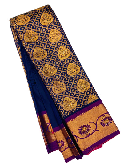 Vegan Silk Saree Blue Colour with Copper and Magenta Border