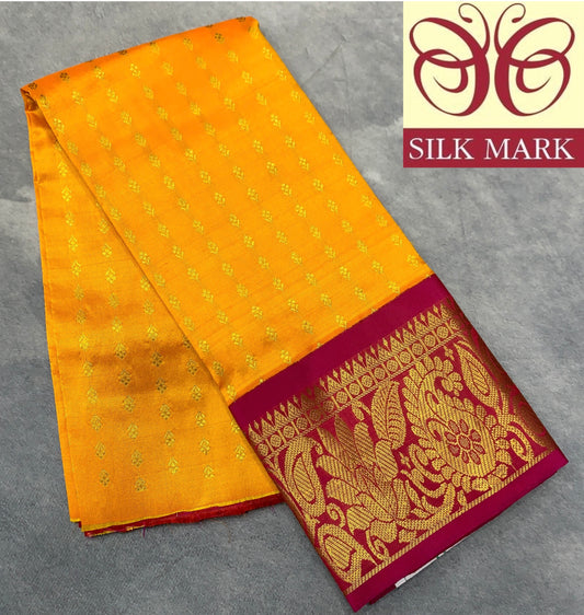 Yellow Shade Pure Kanchipuram Kids Pattu Pavadai with Contrast Border for Newborn to 2 Years