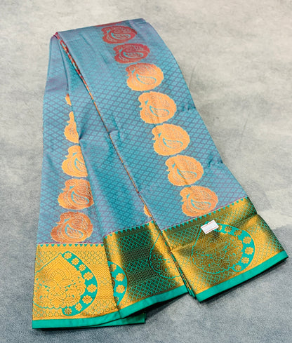 Vegan Silk Saree Light Sapphire Colour Saree with Copper Border