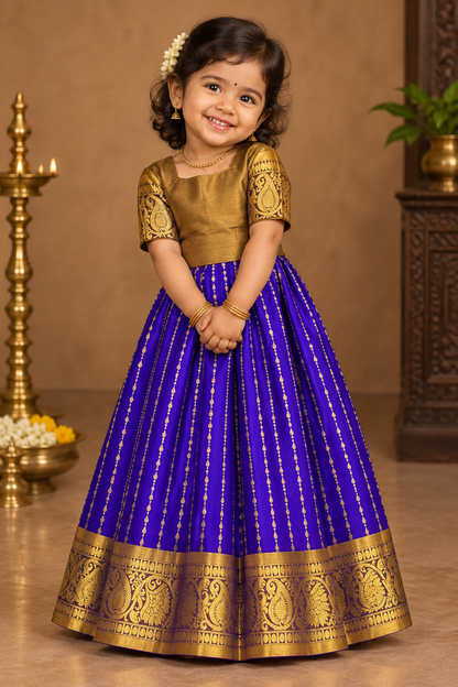 Violet Shade Pure Kanchipuram Kids Pattu Pavadai with Contrast Border for Newborn to 2 Years