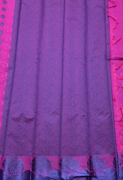 Purple Colour silk cotton Saree with Blue Border