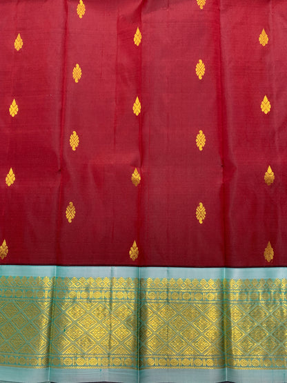 Pure Kanchipuram Silk Saree Maroon Colour with Sky Blue and Gold Zari Border