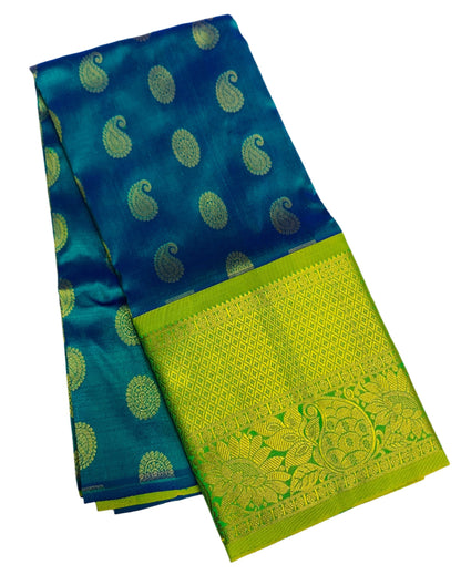 Peacock Blue Shade Pure Kanchipuram Kids Pattu Pavadai with Contrast border for age 2 to 5