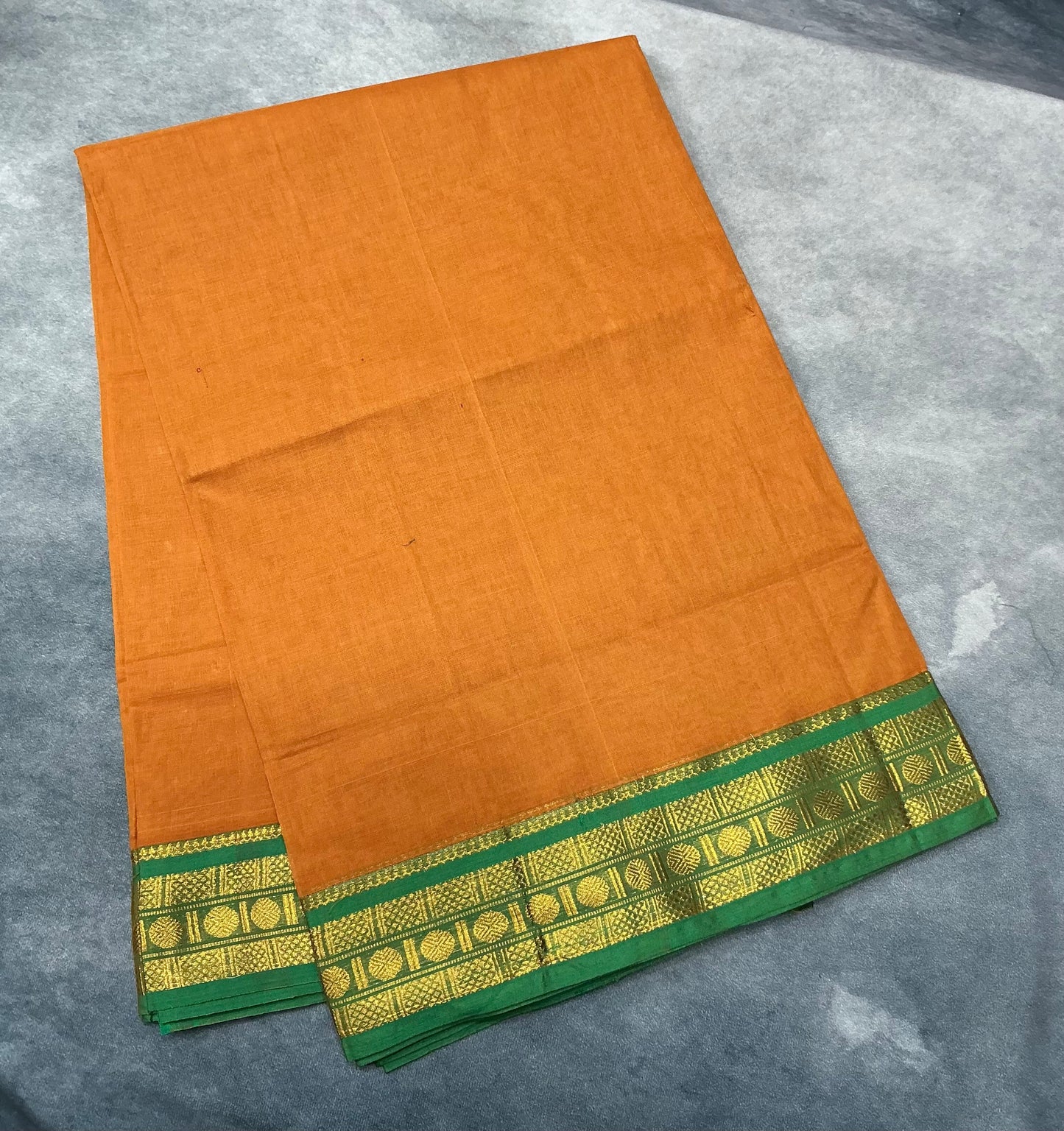 Chettinad Cotton Saree Saffron Colour with Light Green Colour with Zari Work Border