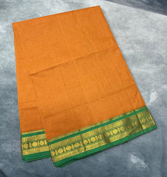 Chettinad Cotton Saree Saffron Colour with Light Green Colour with Zari Work Border