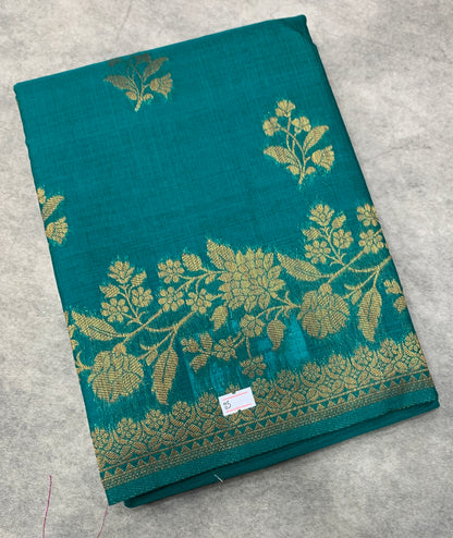 Kora Silk Saree Rama Green Colour with Flower Design Border