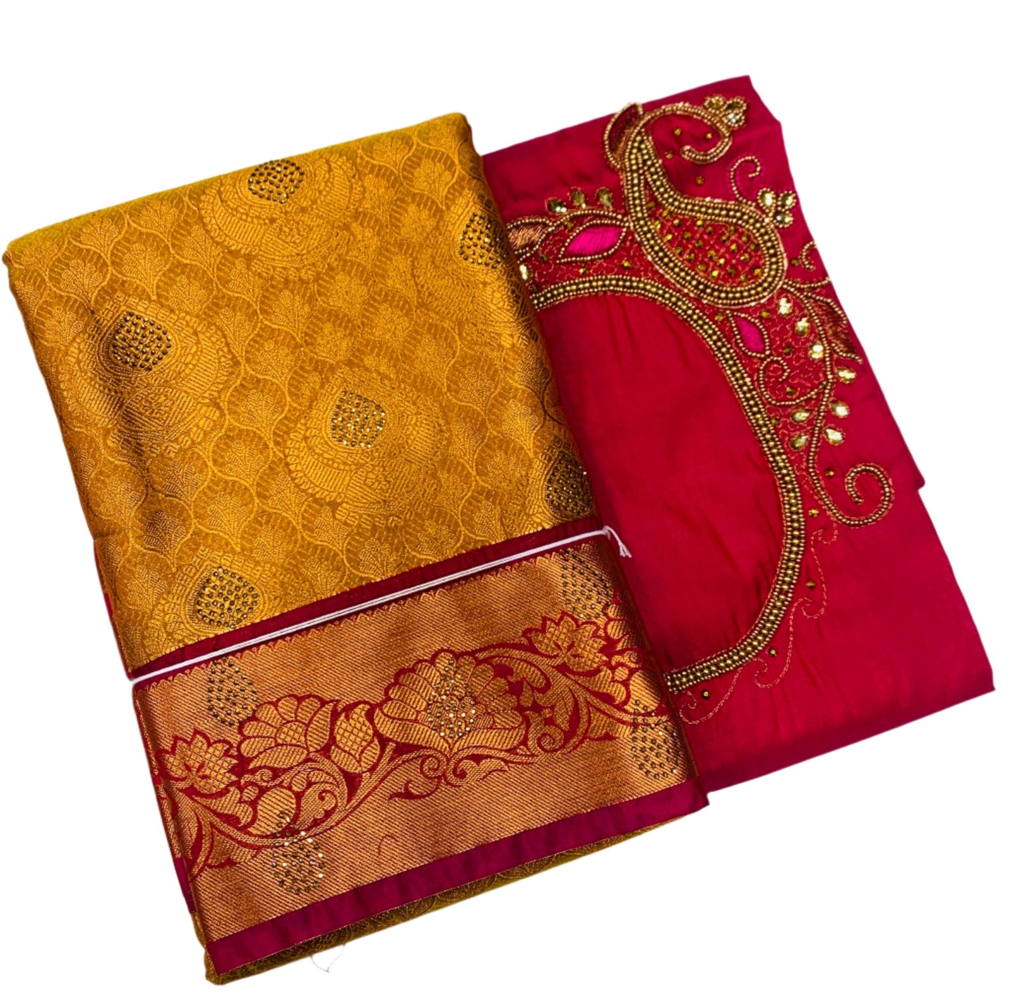 Bridal Vegan Silk Saree Mustard shade with Pink Border with Unstitched blouse in Aari work