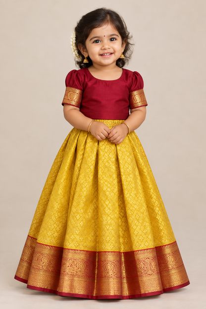 Golden Yellow Shade Pure Kanchipuram Kids Pattu Pavadai with Contrast Border for Newborn to 2 Years