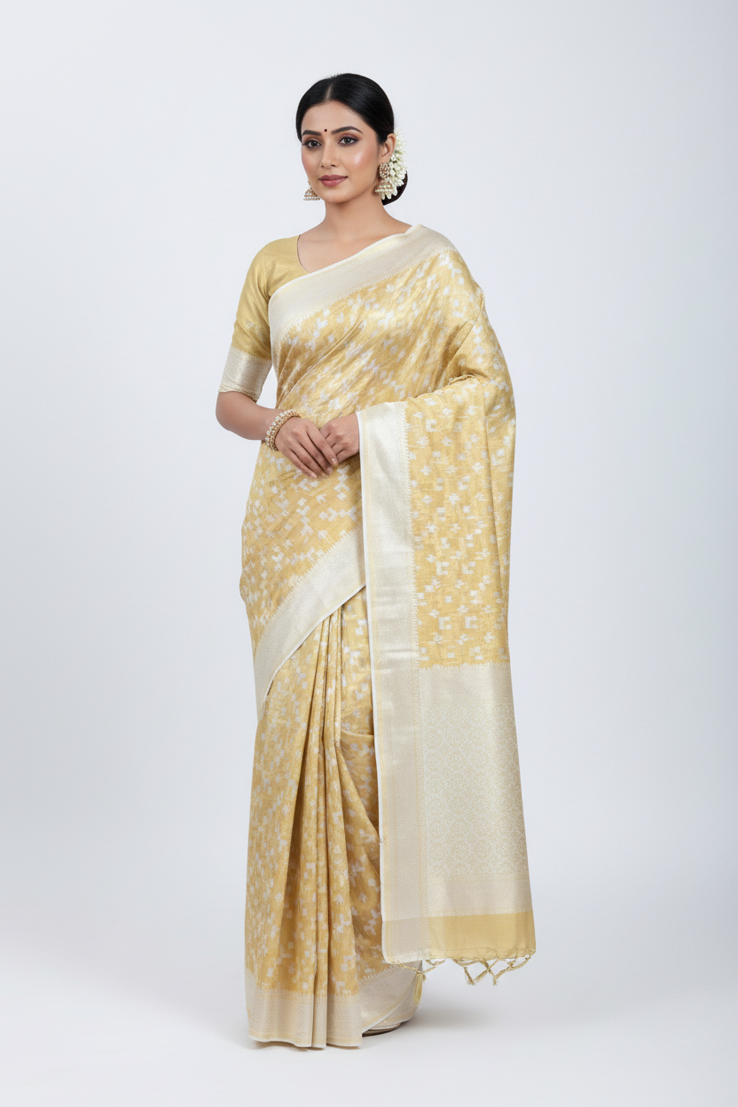 Banaras Katan Saree Yellow Colour with Katan Work Border