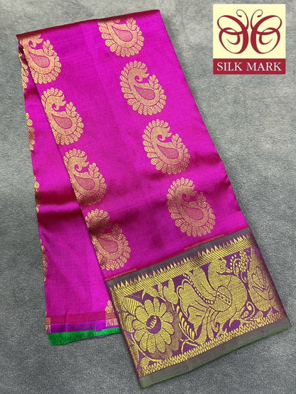 Pink Shade Pure Kanchipuram Kids Pattu Pavadai with Contrast Border for Newborn to 2 Years