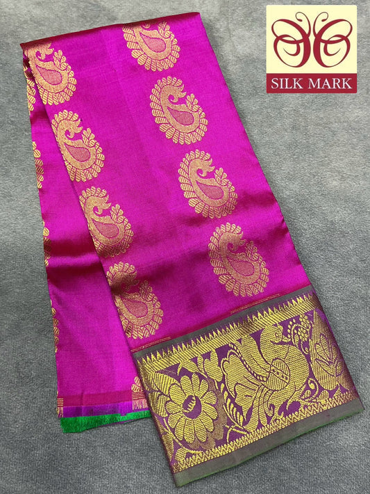 Pink Shade Pure Kanchipuram Kids Pattu Pavadai with Contrast Border for Newborn to 2 Years