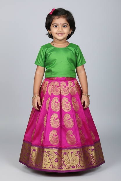 Pink Shade Pure Kanchipuram Kids Pattu Pavadai with Contrast Border for Newborn to 2 Years