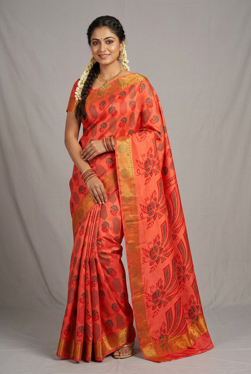 Fancy Cotton Saree Peach Colour with Copper Border