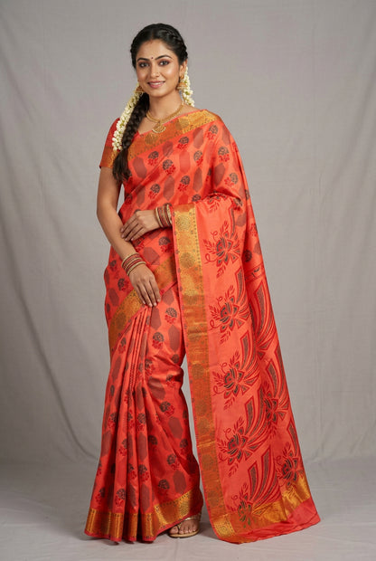 Fancy Cotton Saree Peach Colour with Copper Border