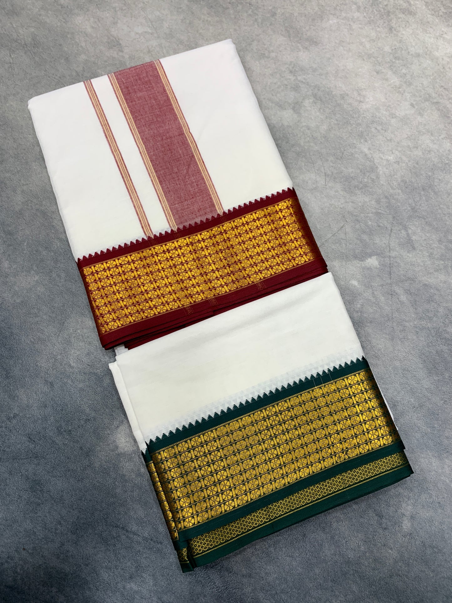9X5 Cotton Dhoti White Big Green and Maroon Zari Border with Angavastram