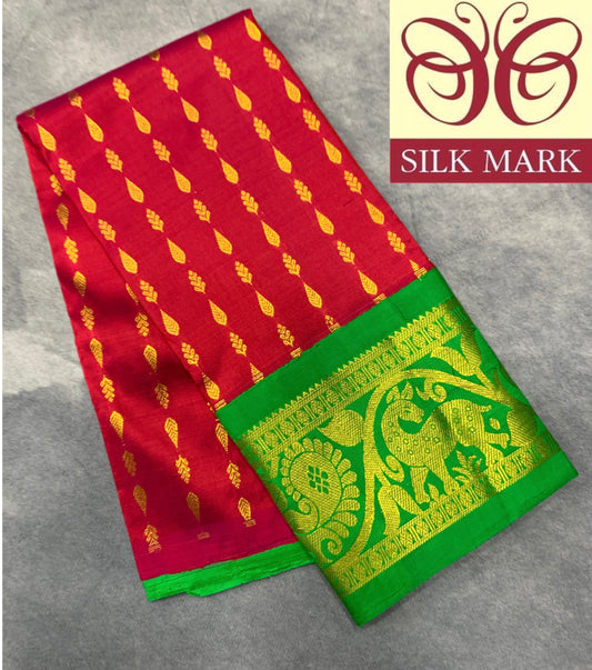 Red Shade Pure Kanchipuram Kids Pattu Pavadai with Contrast Border for Newborn to 2 Years