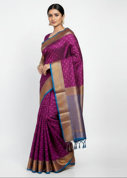 Soft Vegan Silk Saree Magenta Colour with Sky Blue and Copper Border