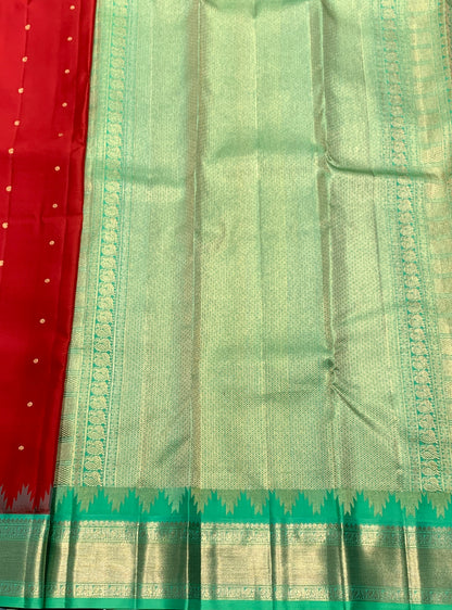 Pure Kanchipuram Silk Red Colour with Sapphire and Golden Zari Border