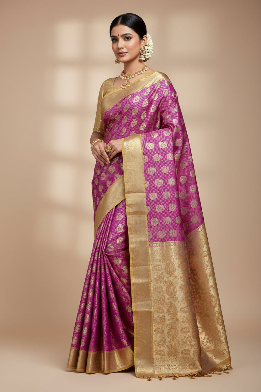 Vegan Silk Saree Pink Colour with Golden Yellow and Copper Border