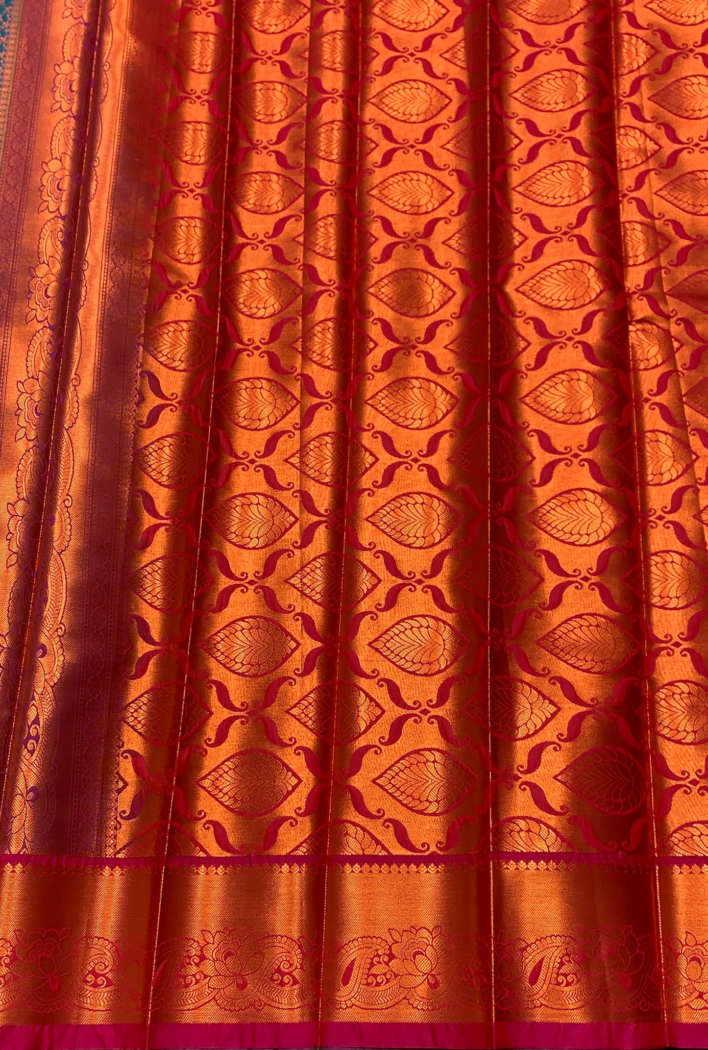 Vegan Silk Saree Peacock Blue Colour with Pink and Copper Border