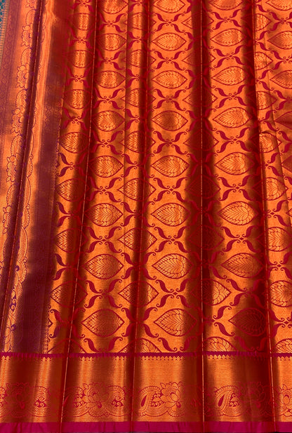 Vegan Silk Saree Peacock Blue Colour with Pink and Copper Border