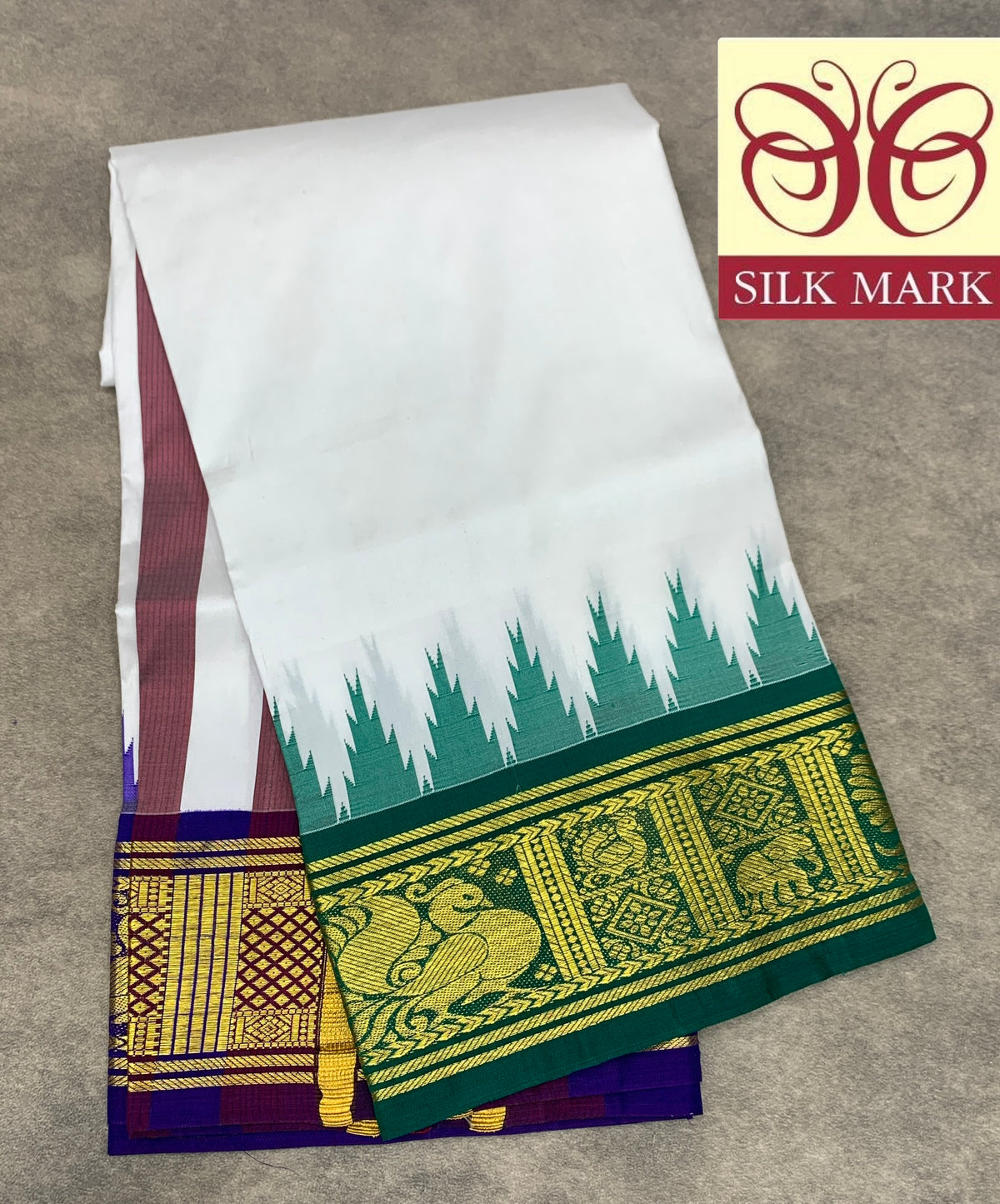 6 Mulam Silk Pooja Towel White Colour with Ganga Jamuna Korvai Border