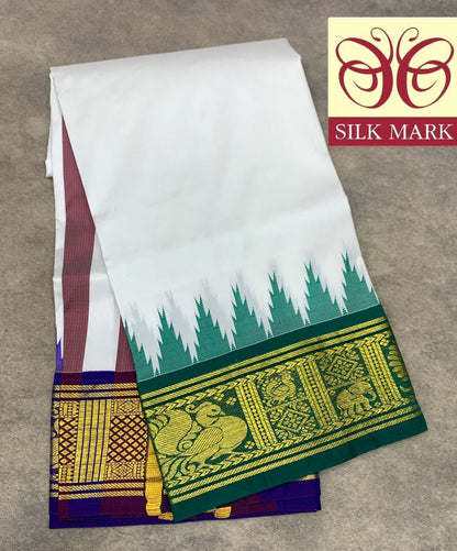 6 Mulam Silk Pooja Towel White Colour with Ganga Jamuna Korvai Border