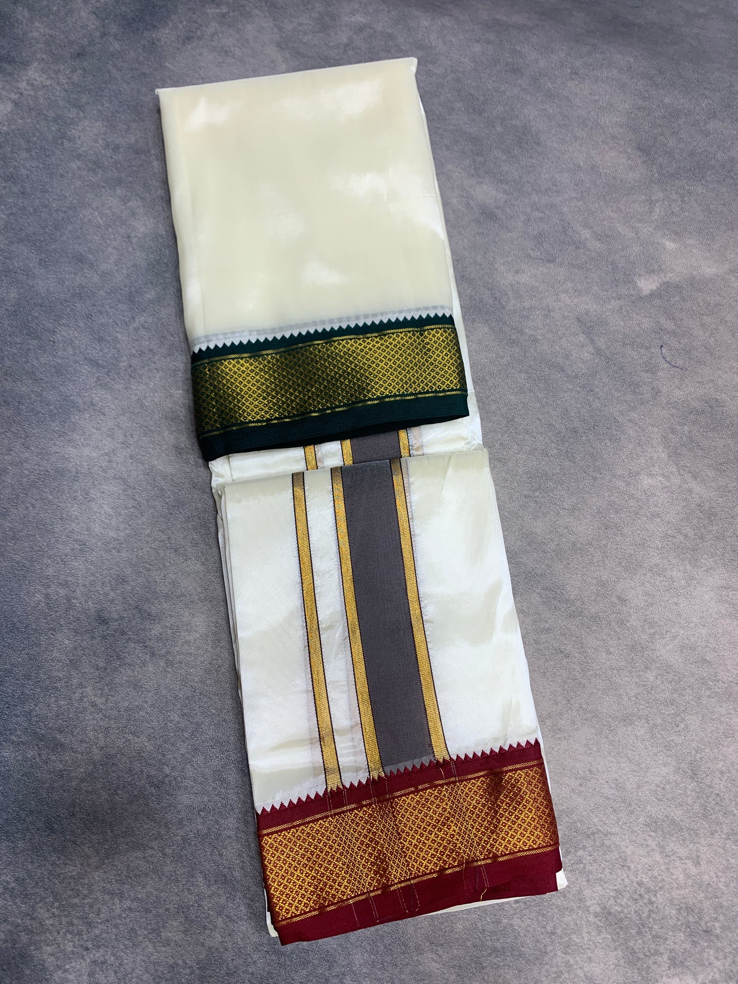 Art Silk Dhoti 8 Mulam Cream with Medium Ganga Jamuna (Green/ Maroon)Border
