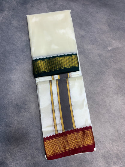 Art Silk Dhoti 8 Mulam Cream with Medium Ganga Jamuna (Green/ Maroon)Border