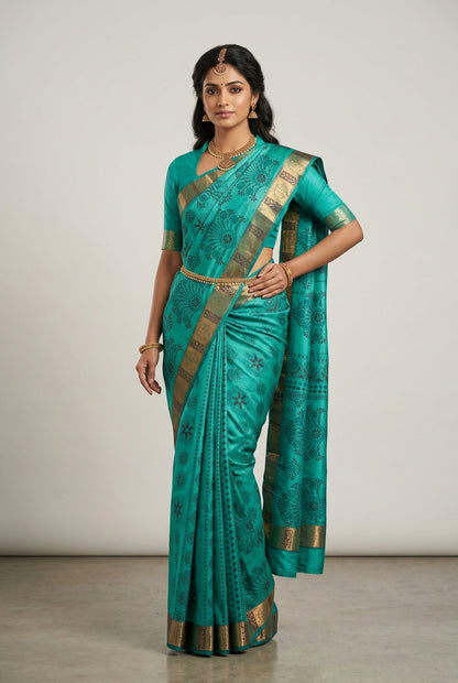 Fancy Cotton Saree Rama Green Colour with Copper Border