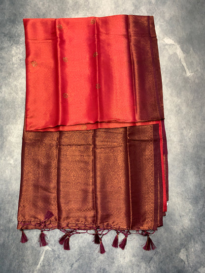 Soft Silk Saree Red Colour and Stone Work with Brown Colour Pallu