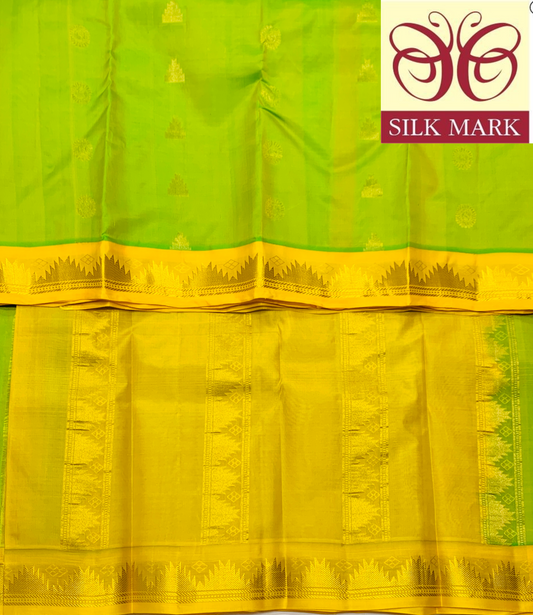 Pure Kanchipuram Silk Sneha Green Colour with Yellow and Gopuram Design Border