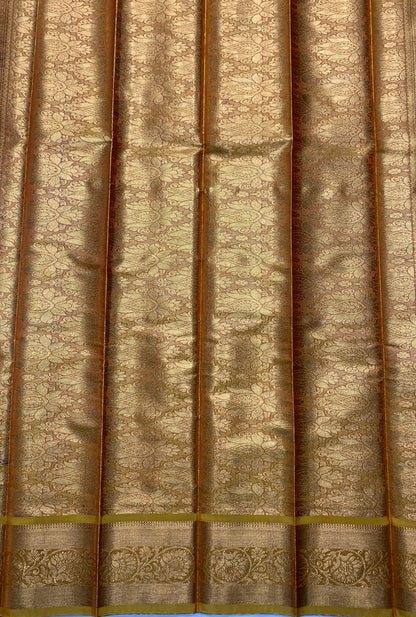 Vegan Silk Saree Brown Colour with Copper and Golden Yellow Border