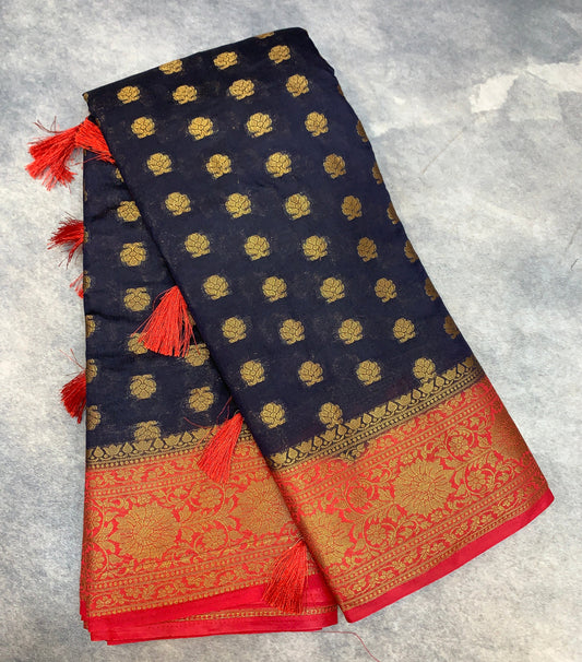 Crepe Saree Block Colour with Red Border