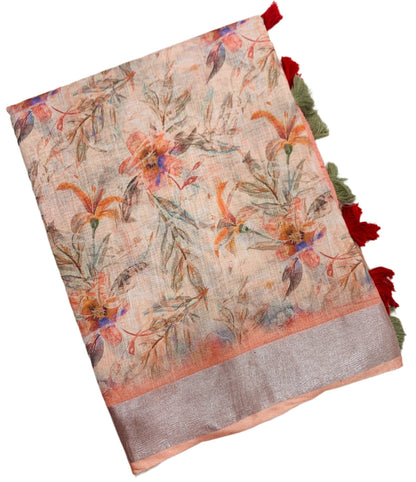 Jute Cotton Saree Peach Shade with Thread Border