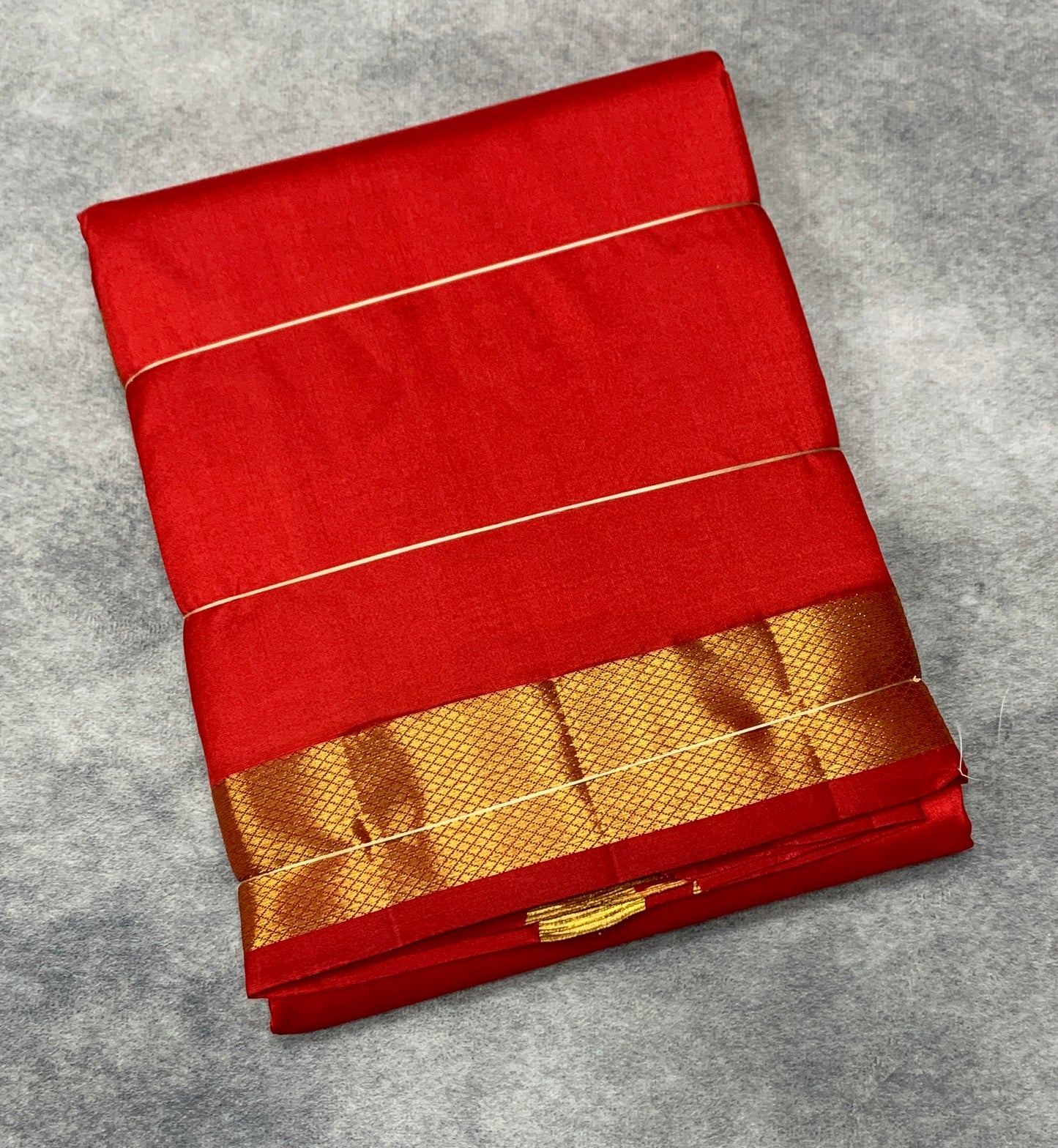 9X5 Pure Silk Dhoti Red with Large Golden Zari Border