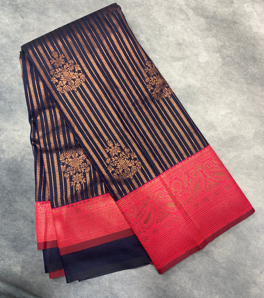 Soft Silk Casual Saree Navy Blue Colour with Peachish Pink Colour Border