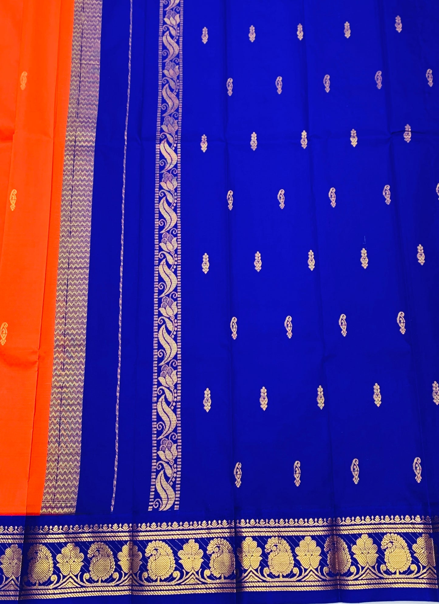 Pure Kanchipuram Silk Saree Orange Colour with Blue Border