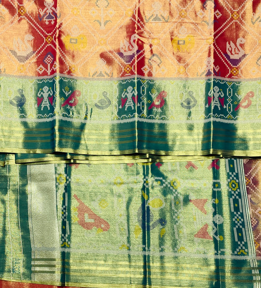 Pochampalli Tissue Silk Saree Golden Orange Colour with Golden Light Green Border