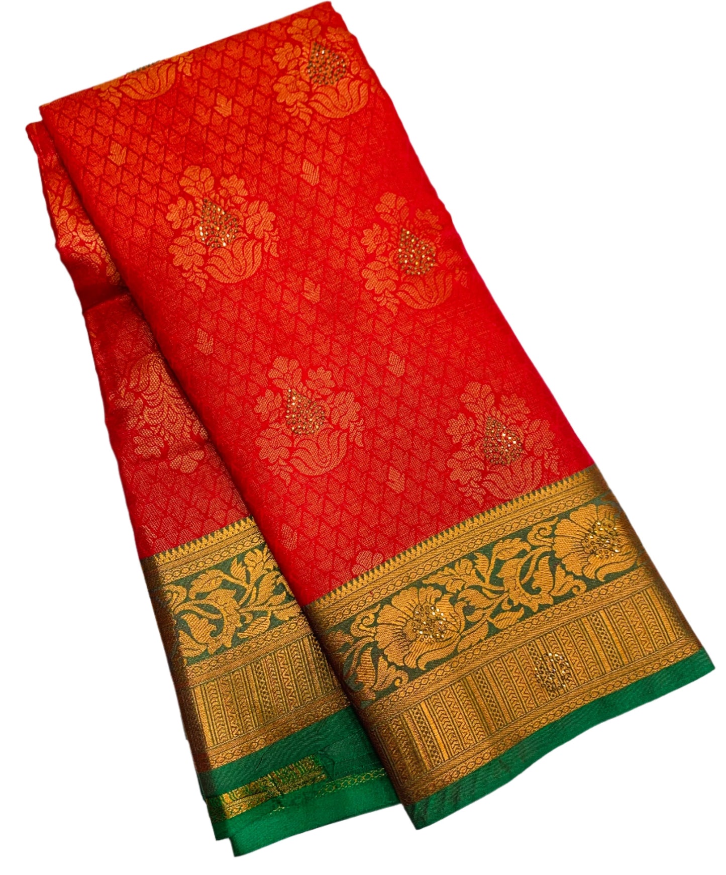 Art Silk Saree Tomato Red Shade with Green Border