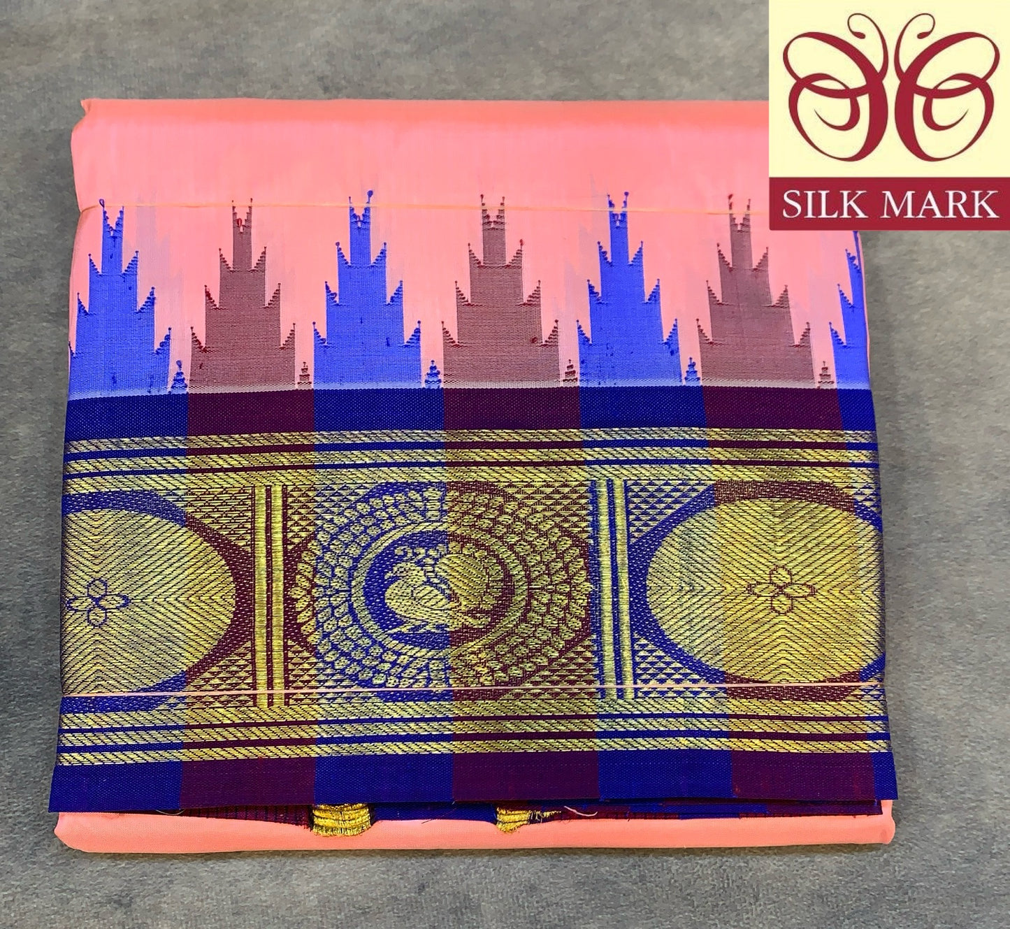 6 Mulam Silk Pooja Towel Peach Colour with Ganga Jamuna Korvai Border( Pre Order Available)
