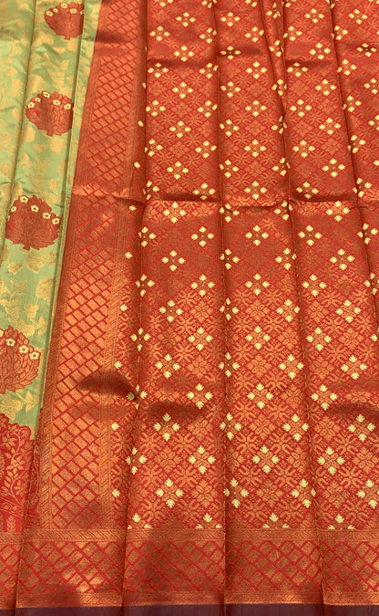 Lime Green Colour Art Silk Saree with Maroon Border