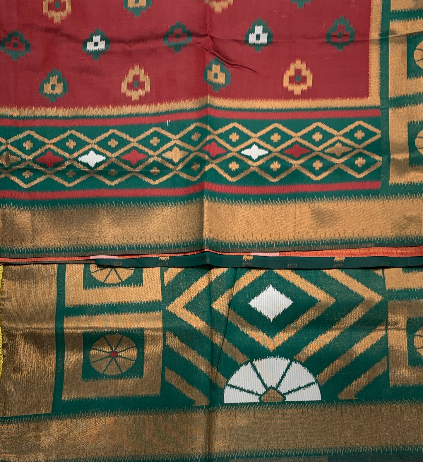 Pochampalli Semi Silk Saree Maroon Colour with Green Border