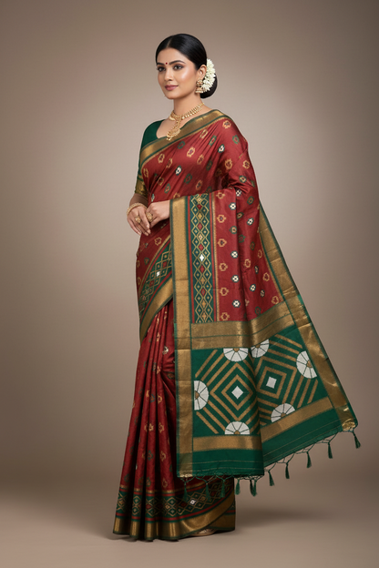 Pochampalli Semi Silk Saree Maroon Colour with Green Border