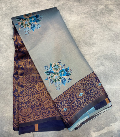 Fancy Tissue Saree Sky Blue Colour with Navy Blue Border