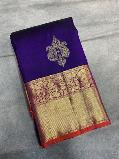 Pure Kanchipuram Silk Saree Blue Colour with Orange Border
