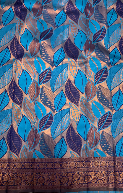 Art Silk Saree Sky Blue Colour with Leaf Design