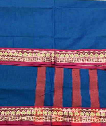 Chettinad Cotton Saree Blue Colour with Red Colour with Thread Work Border